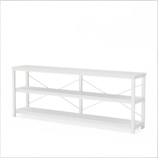 English Elm Display Shelf Extra Long Console Table with Three Open Tiers and Industrial X Frame T3971P453174