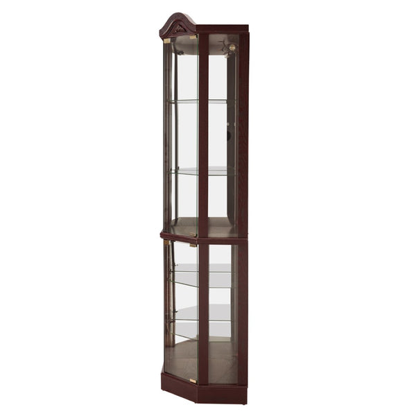 English Elm Glass Corner Curio Cabinet Lighted Dark Wood Display with Carved Crown Floral Detail Cherry W2275P292645