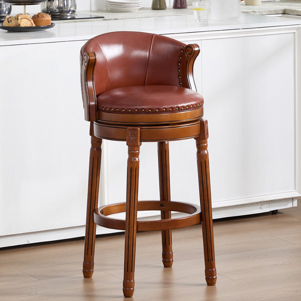 English Elm Cow Leather Swivel Barstool Solid Hardwood Frame 360 Spin Kitchen Counter Seating Brown W2195P399433
