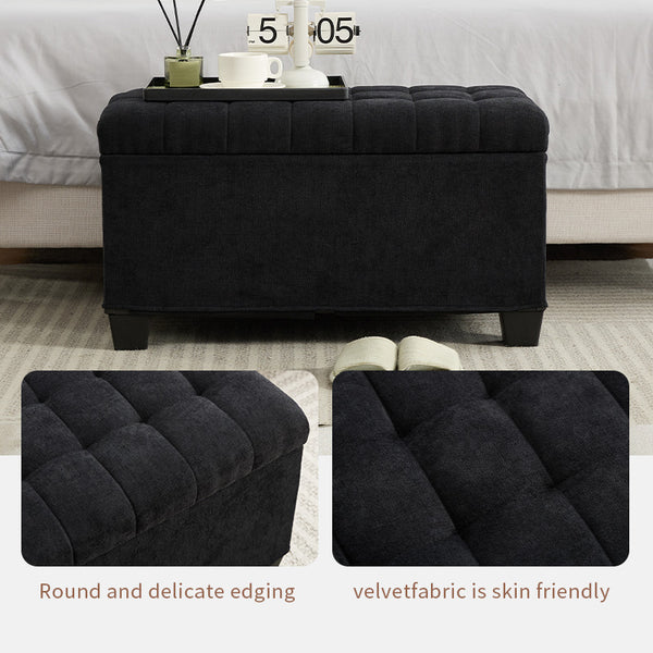 English Elm Storage Ottoman Bench with Legs and Linen-Look Fabric, 2" Foam Seat, Sturdy 660 lb Load Capacity, Versatile Seating and Hidden Storage for Entryway, Bedroom, Living Room Black W2725P220187