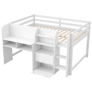 English Elm Full Size Low Loft Bed With Desk, Storage Solutions & Whiteboard For Creative Learning – White Finish N7090005005K