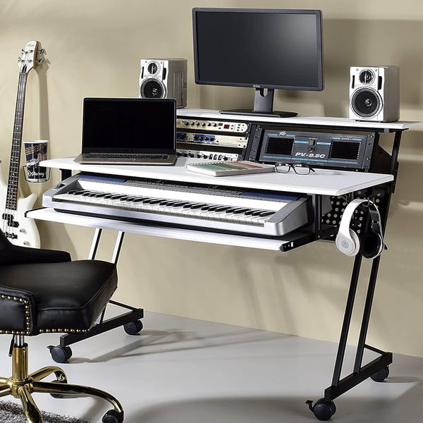English Elm Music Recording Studio Desk with Raised Monitor Shelf and Keyboard Tray for Organized Workflow Black,White B016P312638
