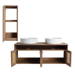 English Elm 48" Floating Bathroom Vanity Oak Finish Dual Ceramic Sinks Four Soft Close Doors W999S00498