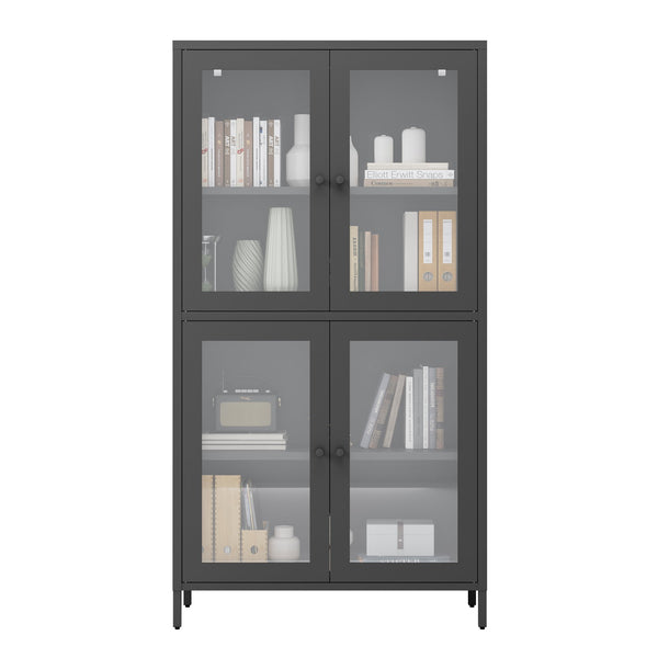 English Elm Classic Metal Storage Cabinet With 4 Glass Doors, Adjustable Shelves For Home & Office – Black Finish W2378P176372