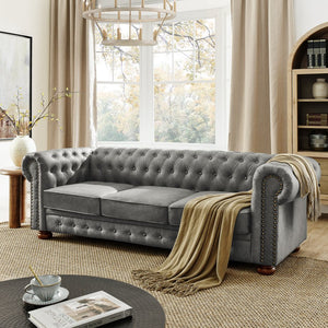 English Elm Chesterfield Linen Tufted 3-Seater Sofa with Scrolled Arms and Nailhead Trim, Durable Plywood Frame Dark Gray W1413S00095