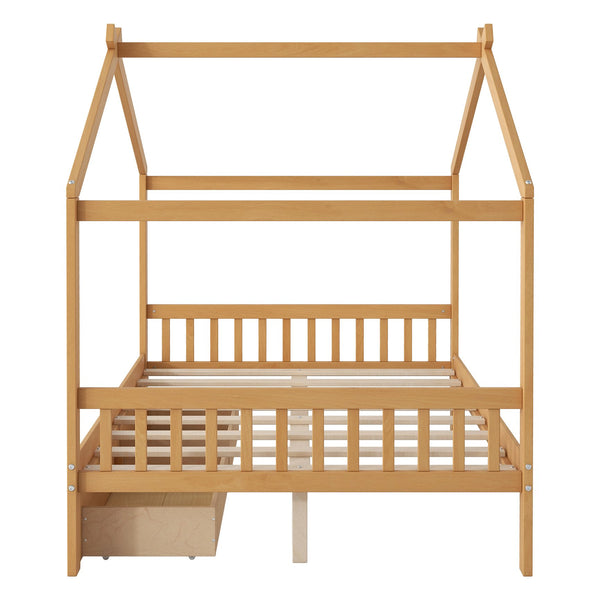 English Elm Full House Platform Bed with Roof Design and Two Drawers, Pine/MDF Durable Frame, Kid-Friendly Cozy Finish Natural WF292923AAD