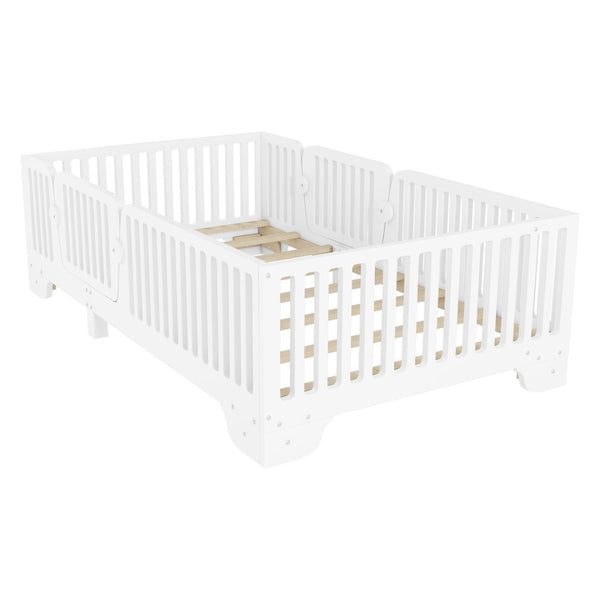 English Elm Twin Montessori Floor Bed with Safety Rails Hinged Door and Plywood Slats for Kids White W2593P381112