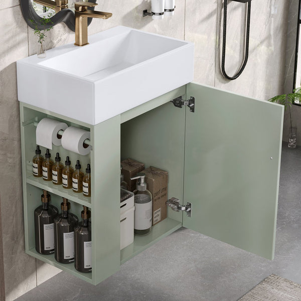 English Elm 20 Modern Wall-Mounted Bathroom Vanity with Ceramic Sink, Diamond Door, Gold Handles & Shelves — Compact Green N725P314033F