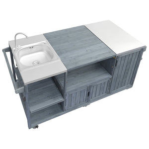 English Elm K&k Solid Fir Outdoor Kitchen Island with Sink Stainless Steel Top and Grill Cutout Grey+Blue N707S000022G
