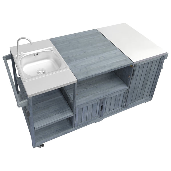 English Elm K&k Solid Fir Outdoor Kitchen Island with Sink Stainless Steel Top and Grill Cutout Grey+Blue N707S000022G