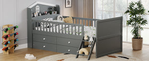 English Elm Twin Bed Frame with Storage Drawers and House Headboard, Kids Platform Bed with Guardrail Ladder and Shelf Gray 49.3 L x 16.25 W x 7.75 H N733S278032E