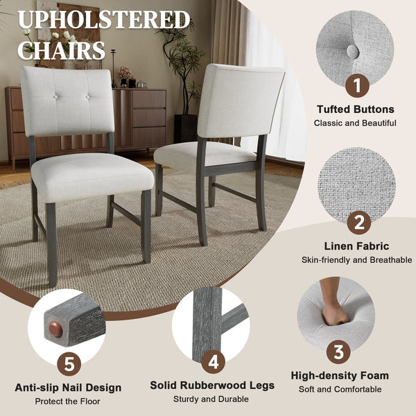 English Elm 5 Piece Dining Set Rustic Farmhouse Rectangular Table with 4 Upholstered Chairs Solid Wood Seats for 4 Gray N752S400015E