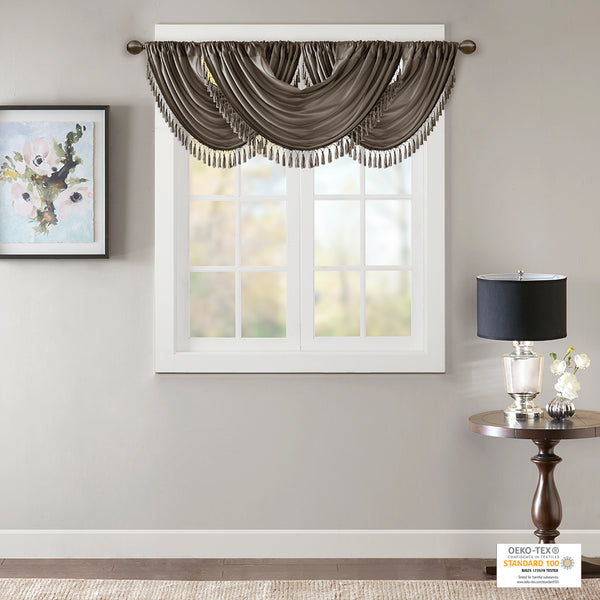 JLA Home Madison Park - Faux Silk Waterfall Valance with Tassel Trim, Lined Rod-Pocket Design for Hotel-Quality Window Styling Pewter MP41-4958