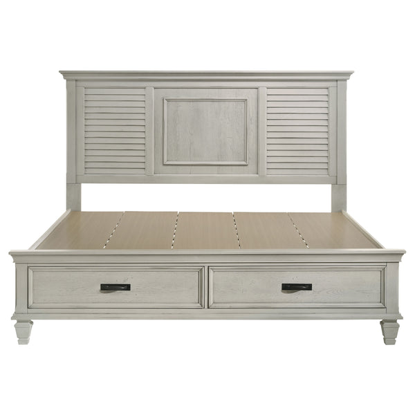 English Elm Capistrano Distressed White Eastern King Bed with Storage Drawers, High Louvered Headboard, Rustic Charm B062S00931