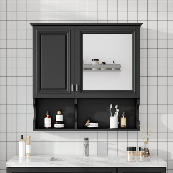 English Elm 30 30 Inch Mirror Medicine Cabinet with Half-Moon Design, Soft-Close Hinges, Open Shelf & Solid-Wood Frame Black N710P322812B