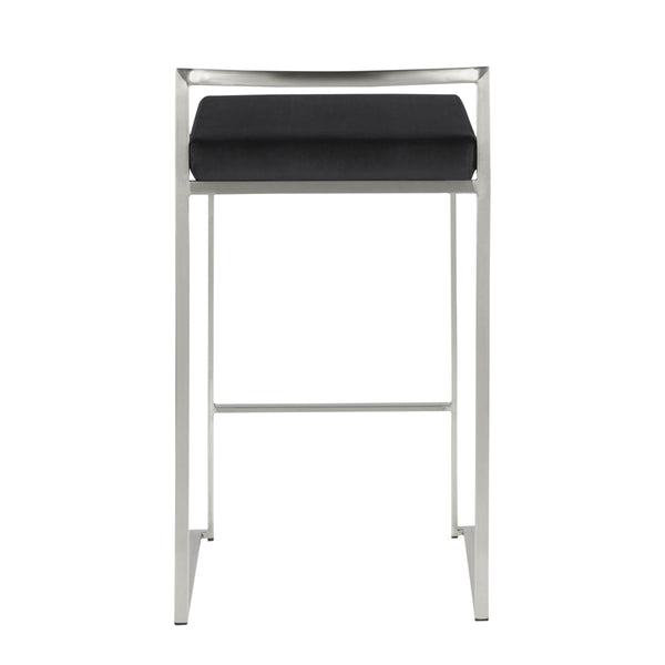 English Elm Fuji Contemporary Stackable Counter Stools - Sleek Stainless Steel & Plush Black Velvet Cushion Pair B202P221930