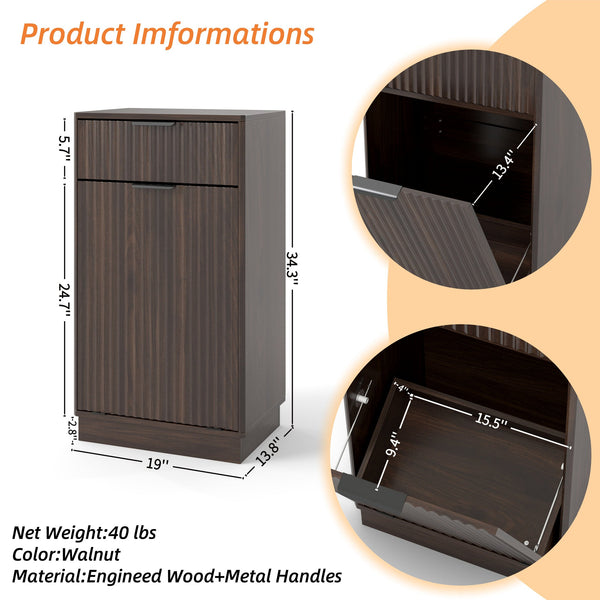 English Elm 10-Gallon Woodgrain Tilt-Out Trash Cabinet with Wave-Texture Drawer, Industrial Metal Accents, Space-Saving Organizer for Kitchen Bath Living Room Walnut W2557P319051