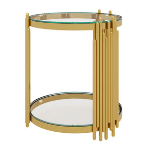 English Elm Modern Round Mirrored Glass End Table with Gold Metal Frame and Lower Display Shelf Transparent N735P380092K