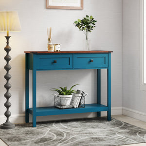 English Elm Farmhouse Pagoda Blue Console Table with 2 Drawers, Bottom Shelf, Anti-Tip Hooks & Rustic Charm W2557P271250