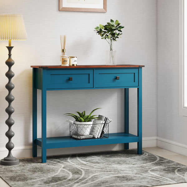 English Elm Farmhouse Pagoda Blue Console Table with 2 Drawers, Bottom Shelf, Anti-Tip Hooks & Rustic Charm W2557P271250