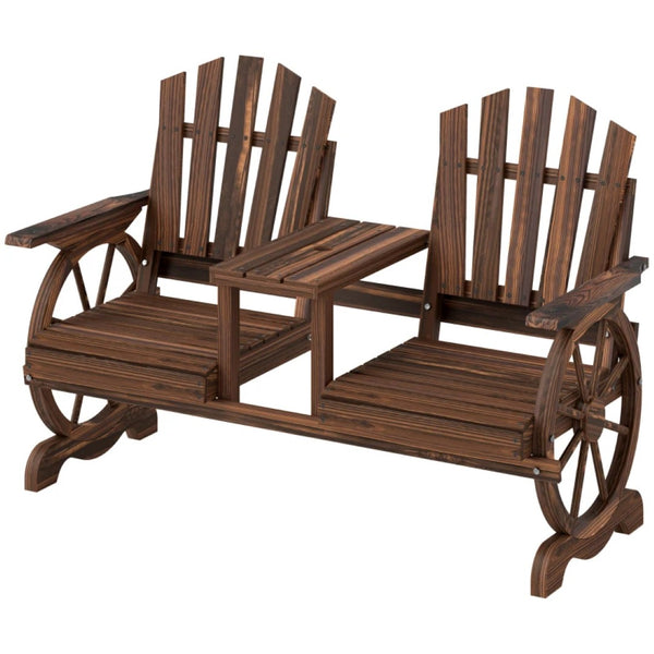 English Elm Stable Outdoor Fir Wood Bench with Wagon Wheel Legs and Built in Center Table T3971P446196