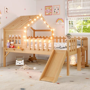 English Elm Twin Playhouse Loft Bed Solid Pine Frame with Slide Led Lights and Star Roof Natural W5316S00005