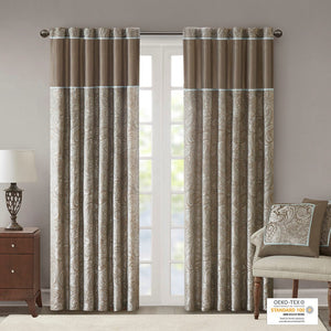 English Elm Jacquard Elegant Window Panel Pair - Paisley Design In Blue & Taupe, Oeko-Tex Certified Quality B03598085