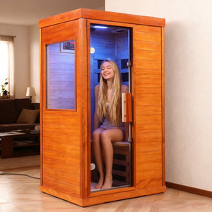 English Elm Infrared Dry Sauna with Okoume Wood Chromotherapy Lighting and Carbon Fiber Heat Panels W3973S00006