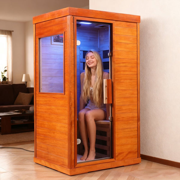English Elm Infrared Dry Sauna with Okoume Wood Chromotherapy Lighting and Carbon Fiber Heat Panels W3973S00006