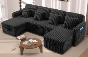 English Elm U Shaped Corduroy Sectional Sofa with Pull Out Sleeper Dual Storage Chaise and Usb Ports Black W2564S00100