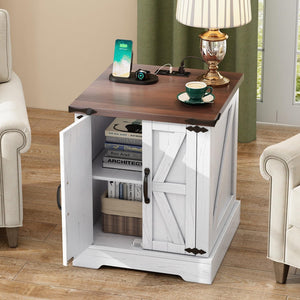 English Elm ON-TREND Farmhouse End Table with Built-In Charging Station, Rustic Walnut Top, Adjustable Shelf White + Deep Walnut N721P246478K