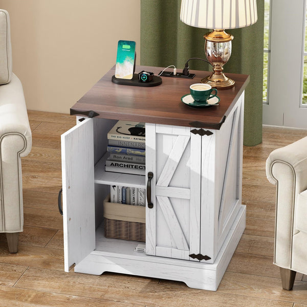 English Elm ON-TREND Farmhouse End Table with Built-In Charging Station, Rustic Walnut Top, Adjustable Shelf White + Deep Walnut N721P246478K