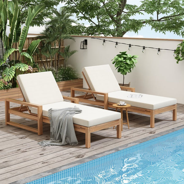 English Elm Trexm Outdoor Acacia Wood Chaise Lounge Set Two Adjustable Poolside Reclining Chairs Light Teak TM000013AAD