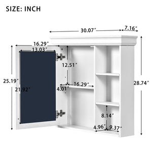 English Elm 30'' Wall-Mounted Medicine Cabinet with Mirror and Adjustable Shelves, Modern MDF Storage Organizer White N710P209425K