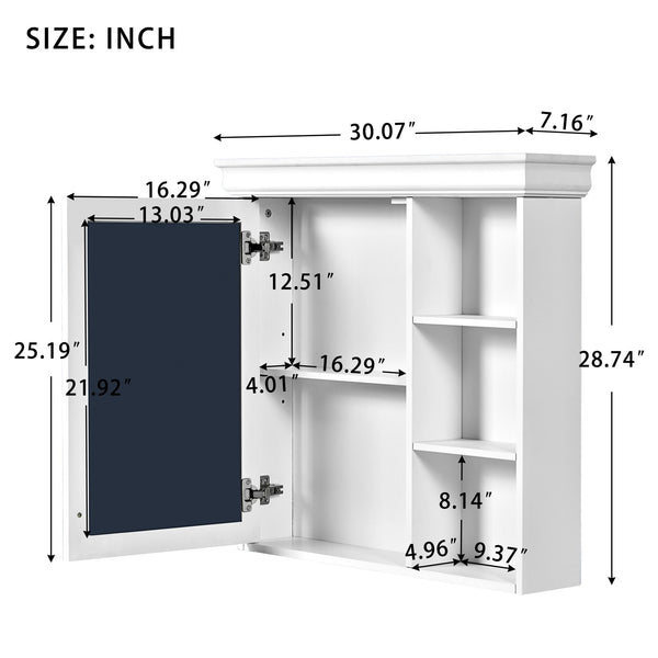 English Elm 30'' Wall-Mounted Medicine Cabinet with Mirror and Adjustable Shelves, Modern MDF Storage Organizer White N710P209425K