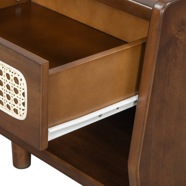 English Elm Black Rattan Panel Nightstand with Open Shelf Drawer Mdf Modern Bedroom Storage N770P374577D