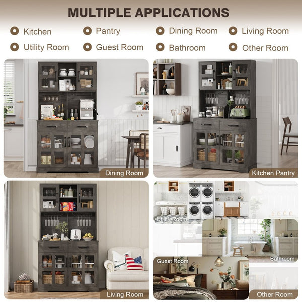 English Elm Pantry Hutch with Fluted Mdf Panels Charging Station Pegboard and Open Shelving T3773P416041