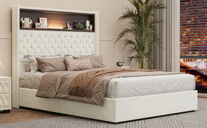 English Elm Full Velvet Wingback Platform Bed Tufted Headboard Shelf Usb Port Rivet Trim N733P368653A