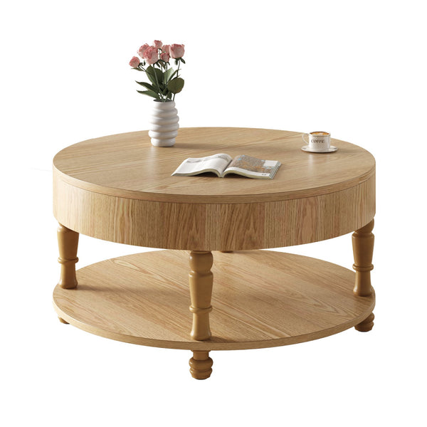 English Elm Coffee Round Flip-Top Coffee Table with Hidden Storage and Open Shelf, Modern Living Room Chest Natural Wood W1445P341371