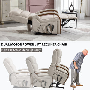 English Elm Power Lift Recliner Chair Chenille Upholstery Dual Motor Heat Massage Solid Wood Arms Beige W1803S00077