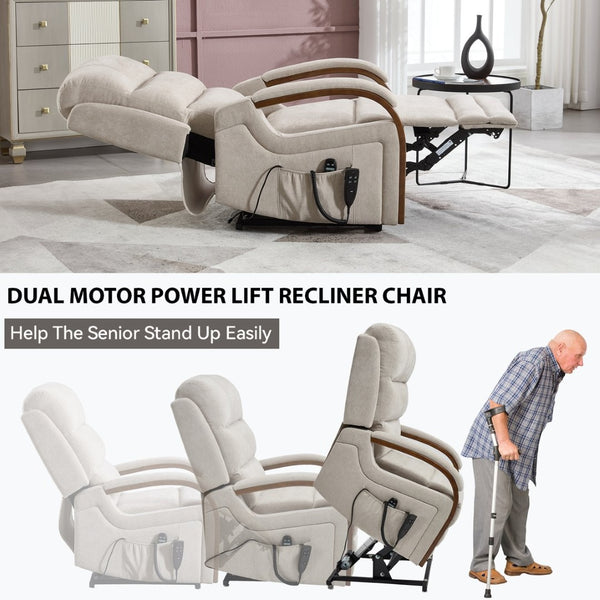 English Elm Power Lift Recliner Chair Chenille Upholstery Dual Motor Heat Massage Solid Wood Arms Beige W1803S00077