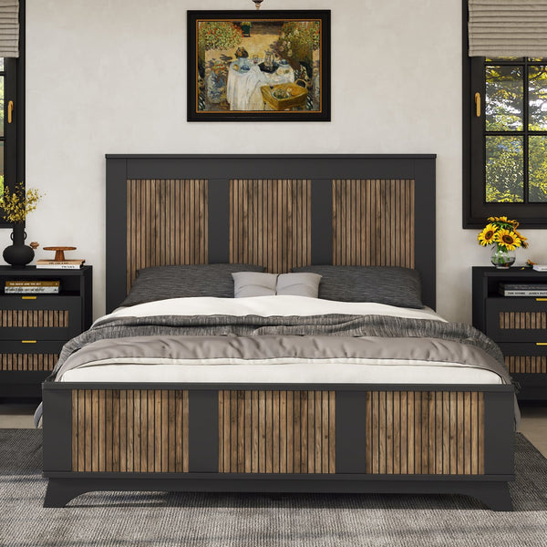 English Elm Farmhouse Wooden Platform Bed Queen with Rustic Strip Headboard, Plywood Slat Support, 700lb Capacity Black 67.32 L x 21.77 W x 7.87 H WF530906AAB