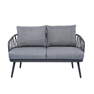 English Elm Christopher Knight Home® - 4-Piece Outdoor Patio Set with Woven Rope U-Back, Steel Frame, Thick Cushions & Acacia Table for Garden Black+Grey N780P209458G