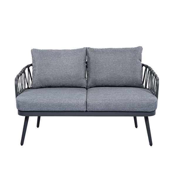 English Elm Christopher Knight Home® - 4-Piece Outdoor Patio Set with Woven Rope U-Back, Steel Frame, Thick Cushions & Acacia Table for Garden Black+Grey N780P209458G