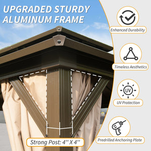 English Elm 8' Hardtop Gazebo 8x10 Aluminum Pavilion with Double Roof, Curtains & Netting for Outdoor Events Brown W1859S00149