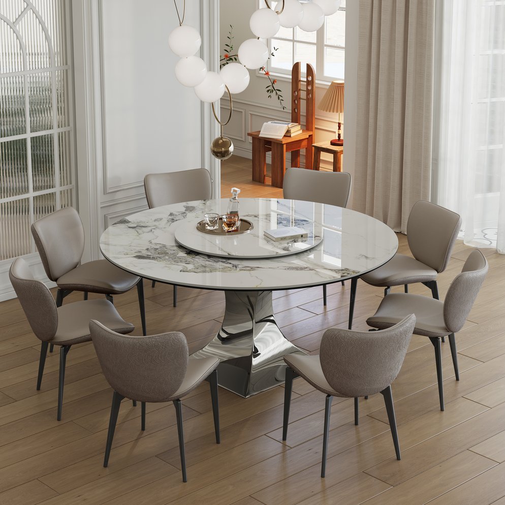 English Elm 59" Round Sintered Stone Dining Table Set With 8 Gray Chairs - Modern Luxury, Scratch & Heat Resistant! W2700S00058