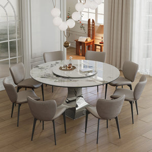 English Elm 59" Round Sintered Stone Dining Table Set With 8 Gray Chairs - Modern Luxury, Scratch & Heat Resistant! W2700S00058
