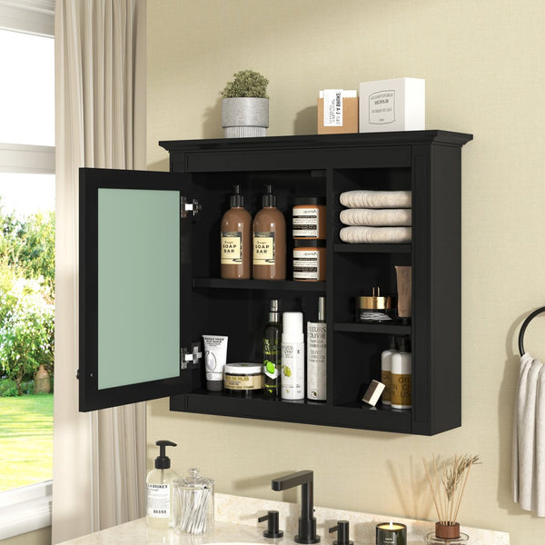 English Elm 30'' Modern Medicine Cabinet with Mirror and Adjustable Shelves, MDF Wall-Mounted Bathroom Storage Solution Black N710P192495B