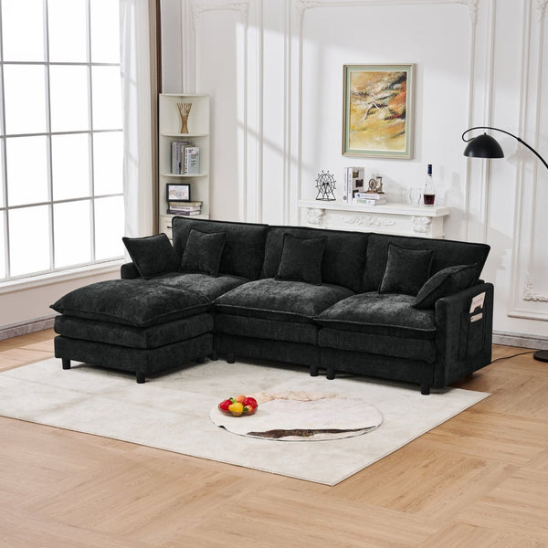 English Elm 101.9-inch Chenille Modular Sofa with Movable Footstool for Living Room Comfort Black W288S00032