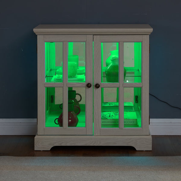 English Elm Led Curio Display Cabinet - Elegant Antique White Showcase With Adjustable Shelves & Bluetooth Lighting W1758P387892
